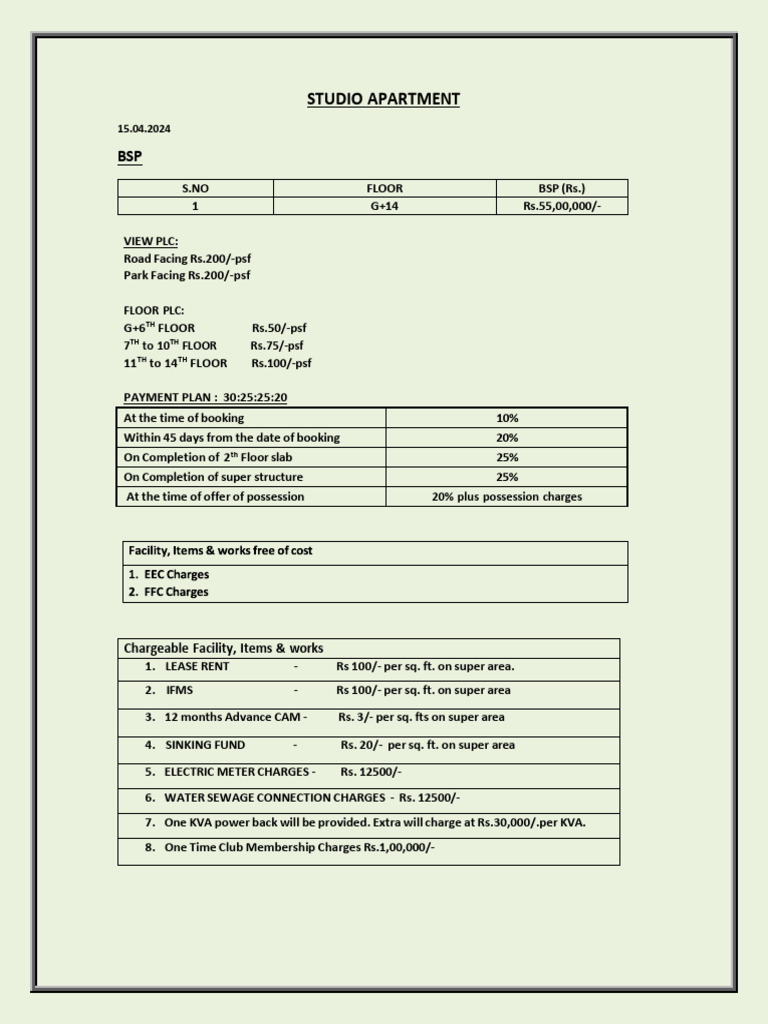 Nimbus Studio Apartment Pricing Details | PDF