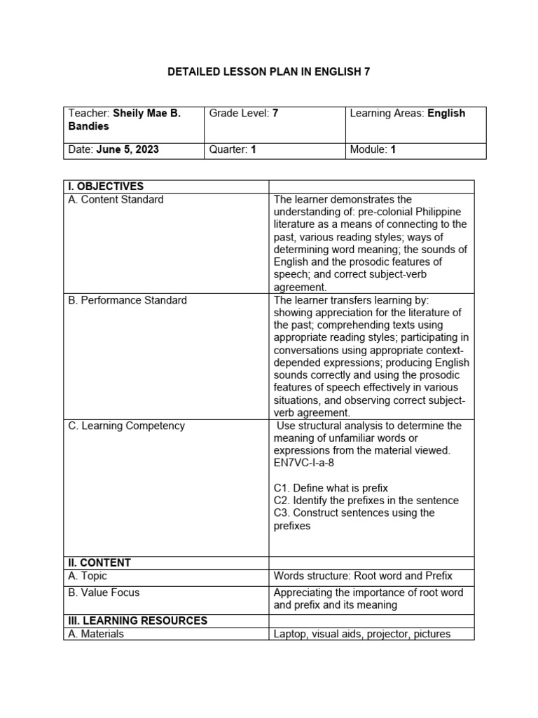 English 7 Lesson Plan: Prefixes & Roots | PDF | Learning | English Language
