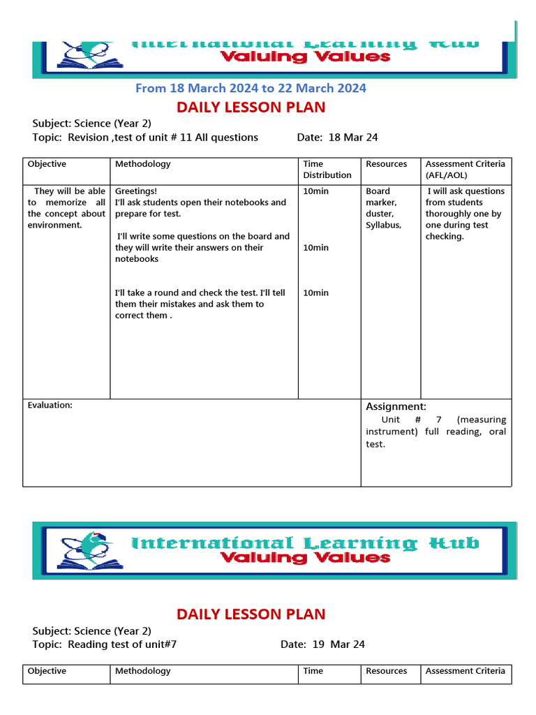 LP of Year 2 (18 March 2024 To 22 March 2024) | PDF | Lesson Plan ...