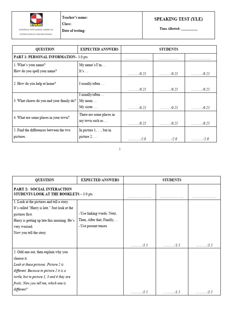 YLE Speaking Test Format and Guidelines | PDF