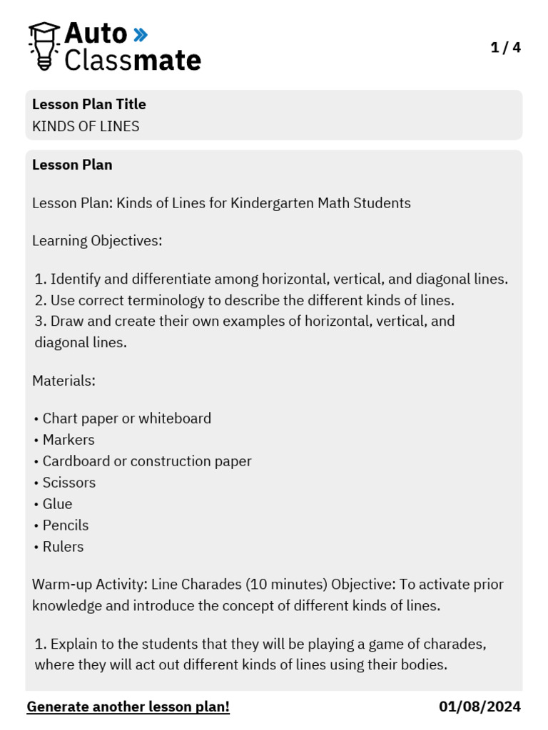 Kinds of Lines Lesson Plan for Kindergarten | PDF | Lesson Plan | Collage