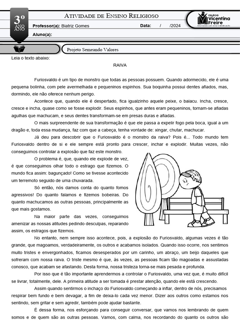 Atividade de ensino religioso 3° ano | PDF