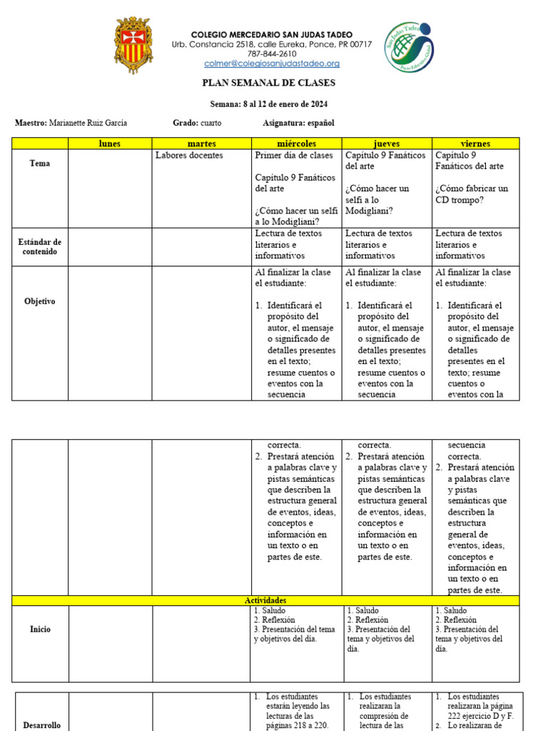 Plan de Clases Español 4to Grado Enero | PDF | Comunicación humana ...