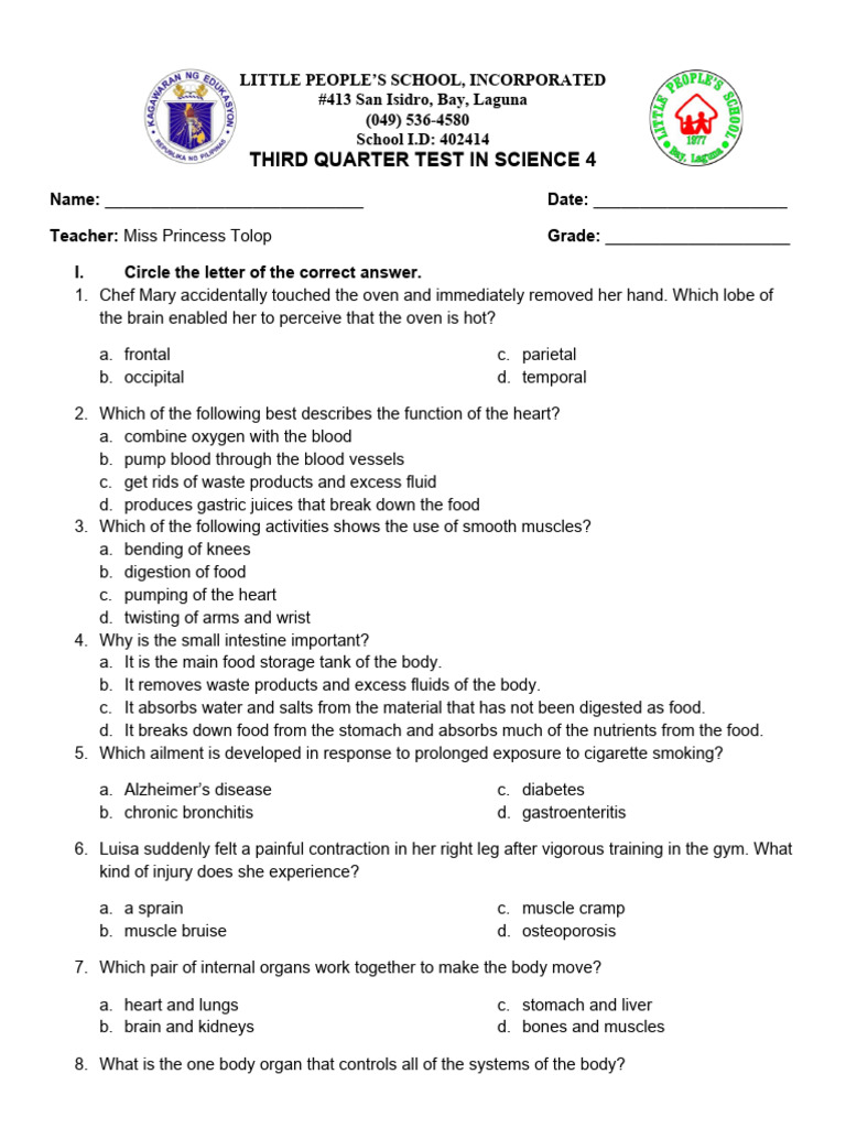 Science 4 Third Quarter Test Questions | PDF | Human Digestive System ...