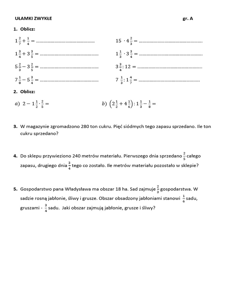 Praca Klasowa Z Dziadów Cz 3 Ułamki Zwykłe Praca Klasowa_gr_a | PDF