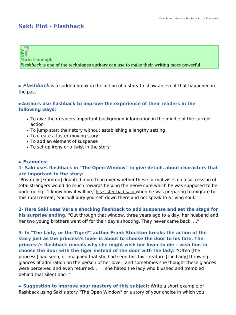 High+School+English+II+-+Saki+-++Plot+-++Flashback+ | PDF