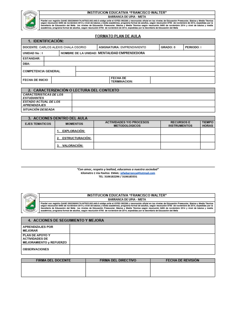 Formato Plan de Aula | PDF | Educación de la primera infancia | Salón ...