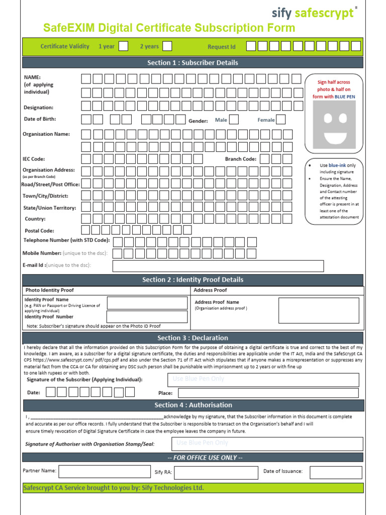 Digital Signature Certificate Subscription Form | PDF
