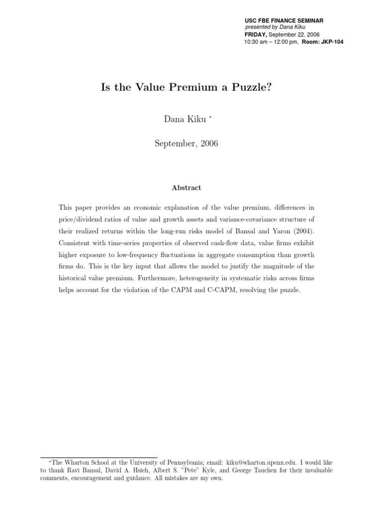 Is The Value Premium A Puzzle?: Dana Kiku September, 2006 | PDF ...