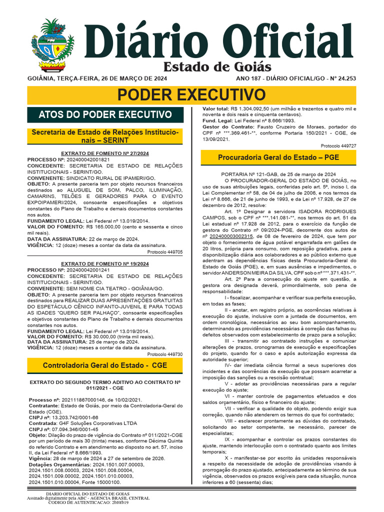Fomentos e Contratos no Diário Oficial de Goiás | PDF | Advogado | Estado