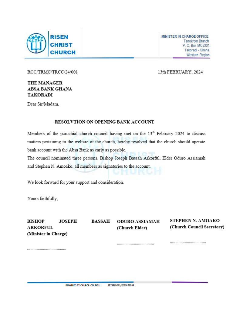 Church Council Bank Account Resolution | PDF