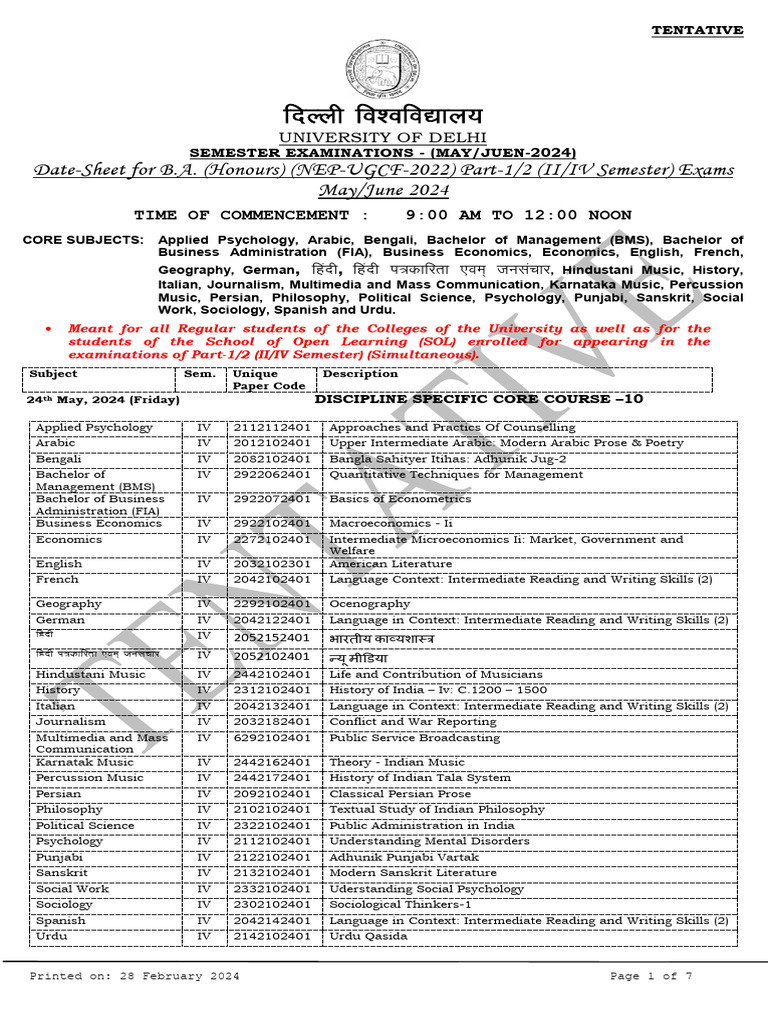 2nd Sem Date Sheet PDF Economics Science