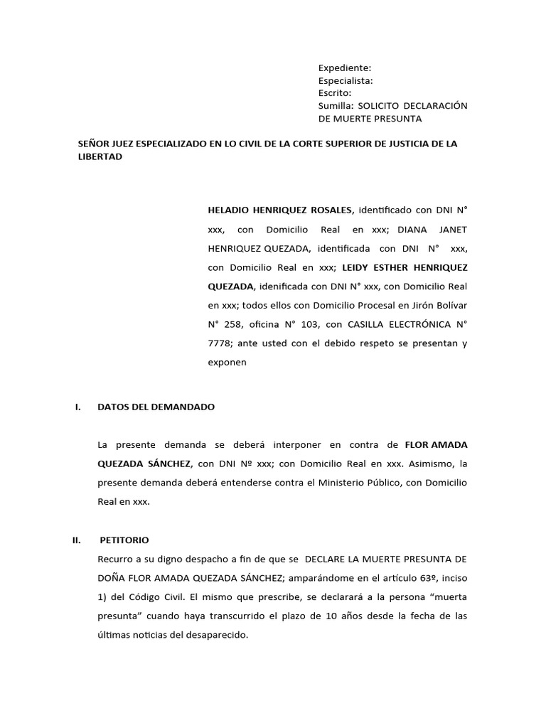 DEMANDA DE MUERTE PRESUNTA | PDF | Demanda judicial | Judicaturas