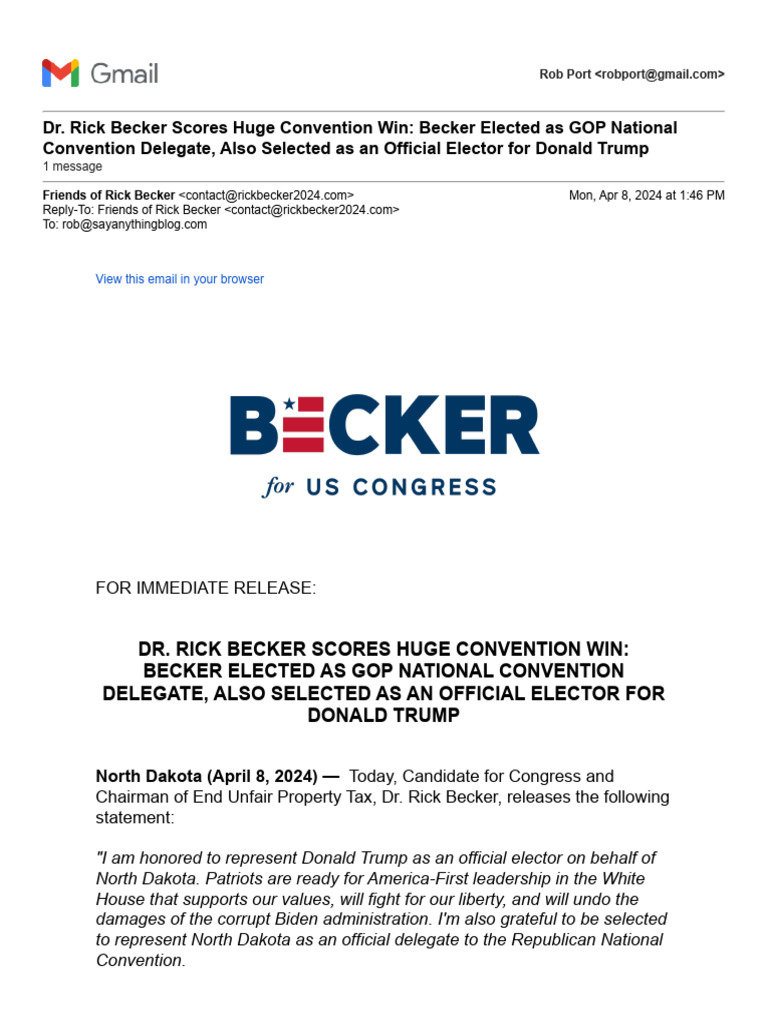 Dr. Rick Becker Elected GOP Delegate | PDF | Republican Party (United ...