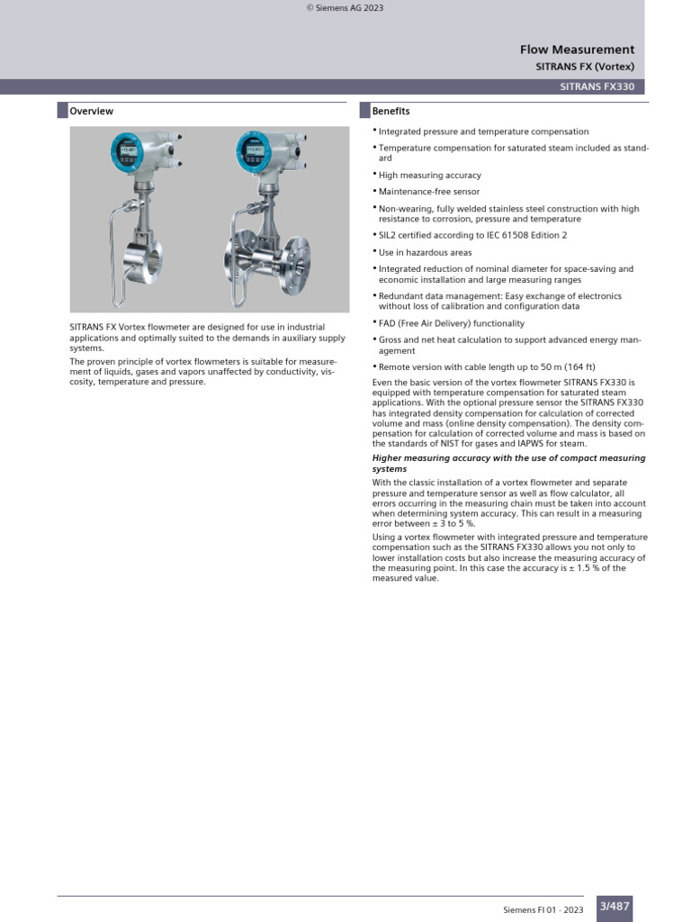 SITRANS FX330 Vortex Flowmeter Overview | PDF | Flow Measurement | Steam