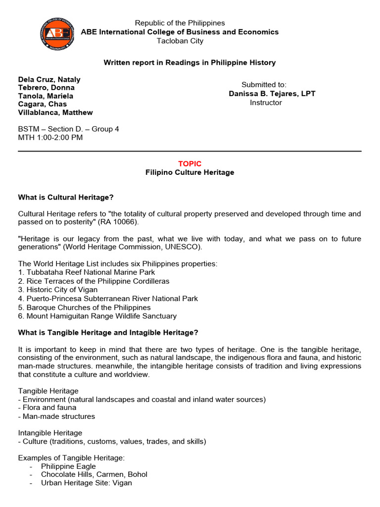 Written Report in RIPH G4 BSTM SECTION D | PDF | Cultural Heritage ...