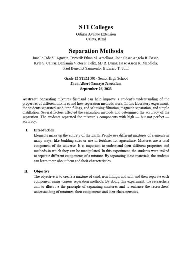 Separation Methods Group 2 STEM301 | PDF | Filtration | Water