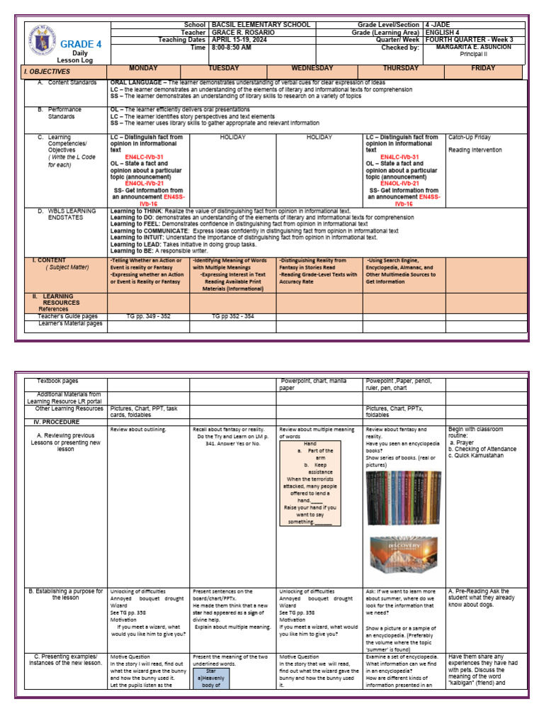 Grade 4: I. Objectives | PDF | Learning | Reading Comprehension