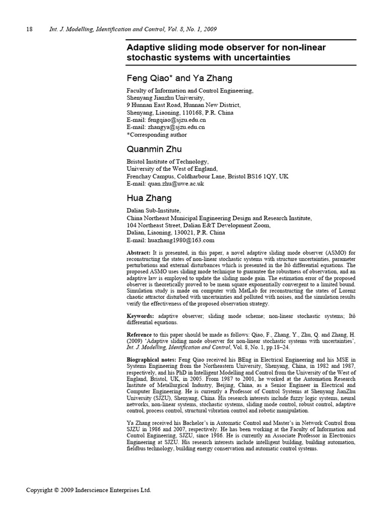 Adaptive Sliding Mode Observer For Non-Linear Stochastic Systems With ...