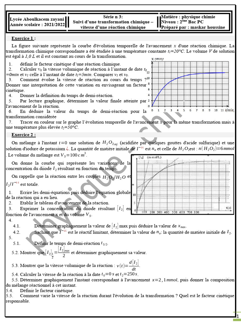 Suivi temporel des réactions chimiques 2Bac | PDF | Cinétique chimique ...