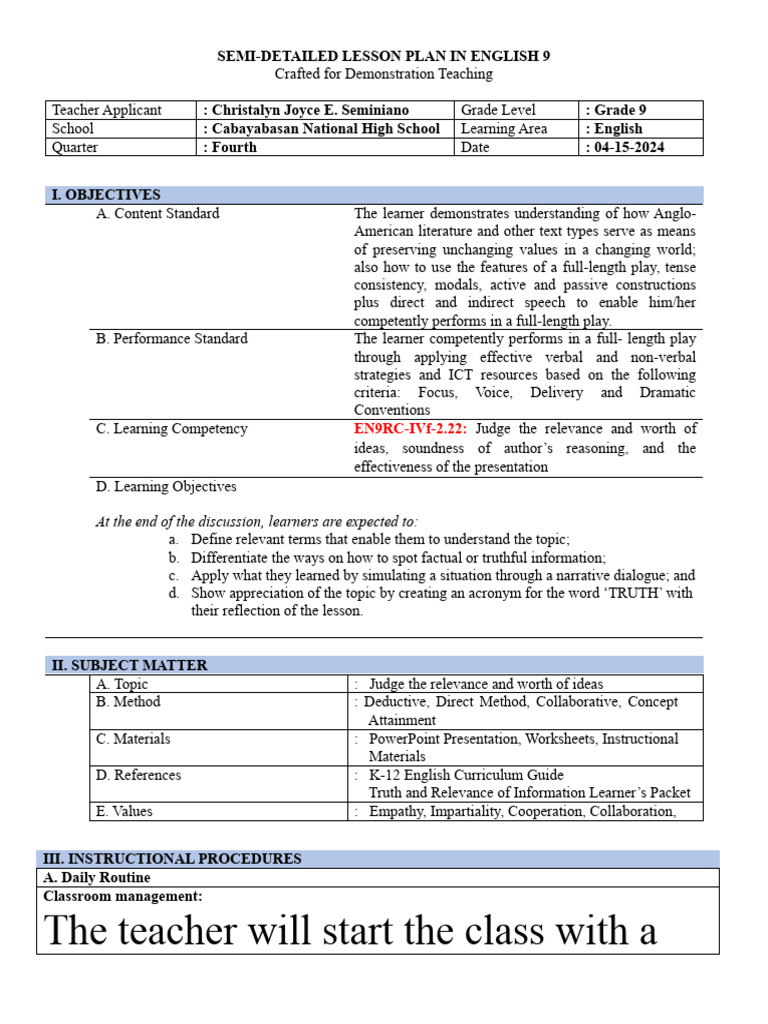 Lp For Demo Teaching 4 Copies Pdf Learning News
