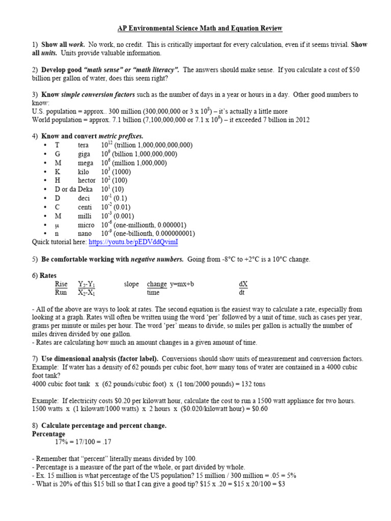 AP Environmental Science Math Review | PDF | Percentage | Watt