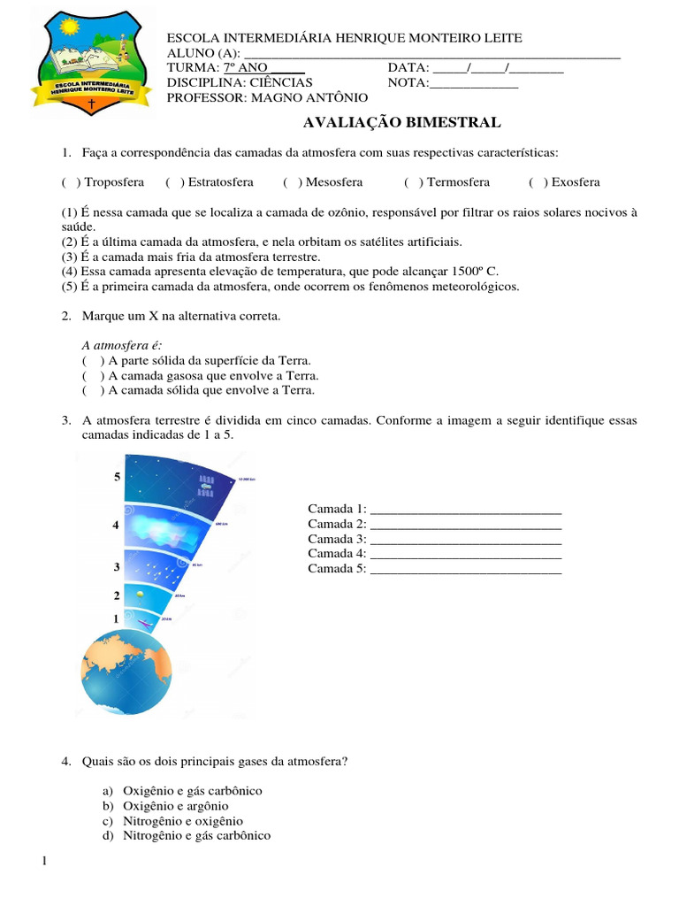 Atividades sobre Camadas da Atmosfera 7º Ano | PDF | Atmosfera | Terra