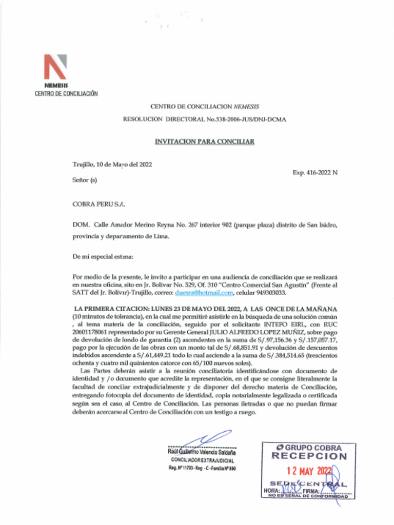 1 Invitacion A Conciliar (Intefo Eirl) | PDF