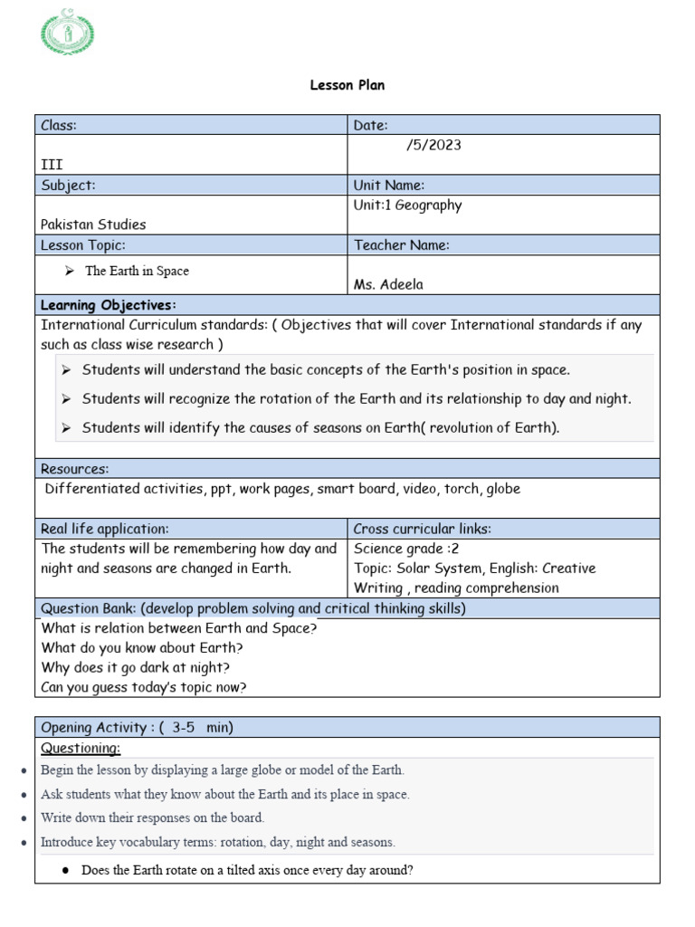 Pak SST Grade3 Lesson Plan PDF Earth Rotation