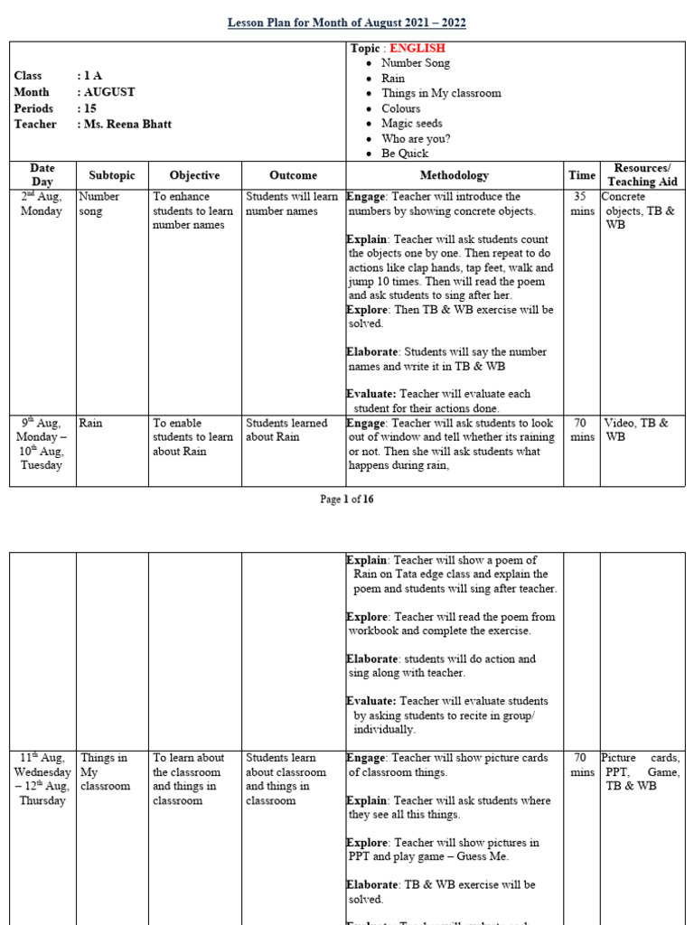 August 2021 Lesson Plan for Class 1A | PDF | Teachers | Lesson Plan