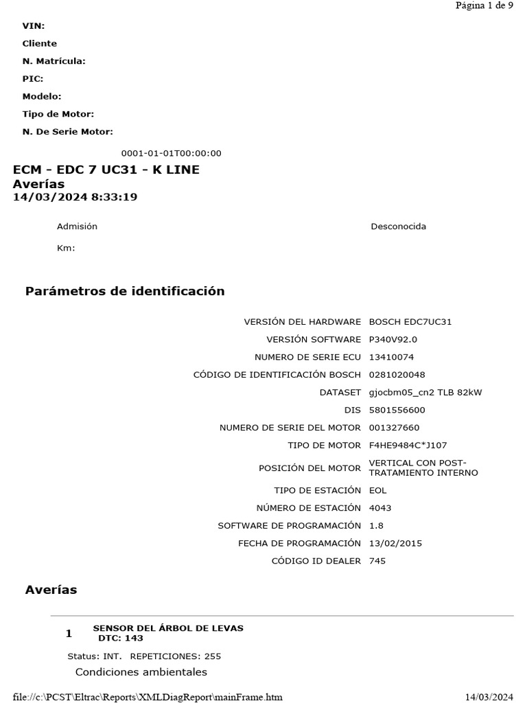 Ecm - Edc 7 Uc31 - K Line Averías: Vin: Cliente N. Matrícula: Pic ...