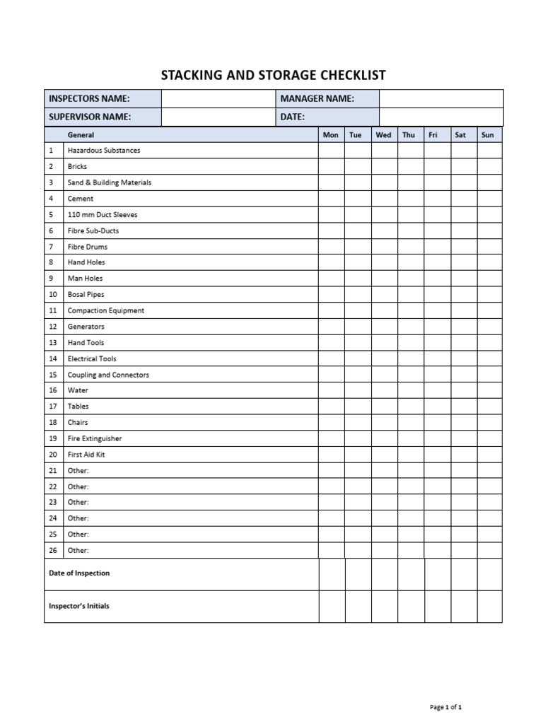 Stacking and Storage Inspection Checklist | PDF