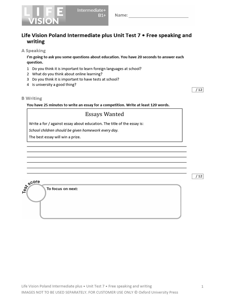 Education Unit Test: Speaking & Writing | PDF