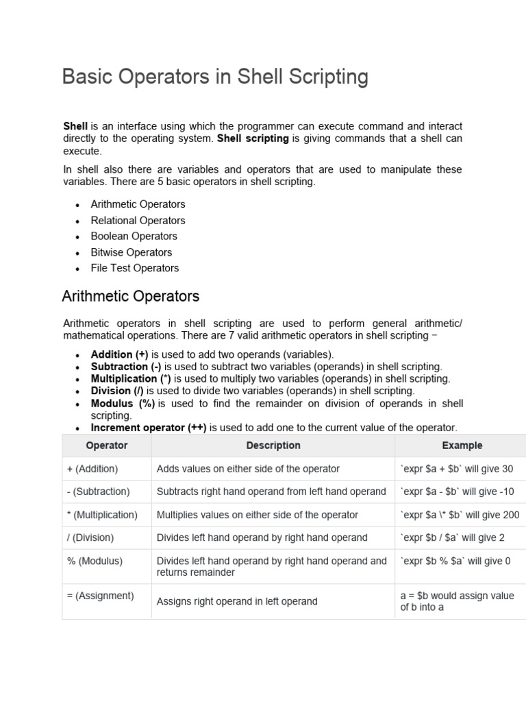 Basic Operators in Shell Scripting | PDF | Boolean Data Type | Bit