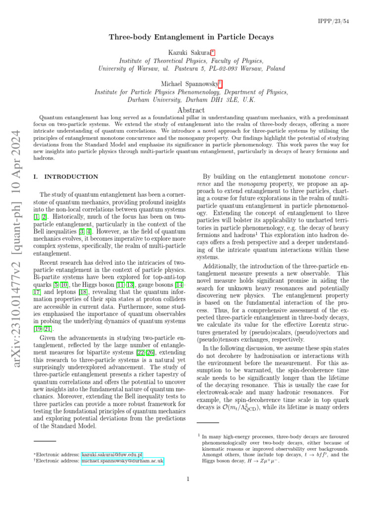ThreeBody Entanglement in Particle Decays Download Free PDF