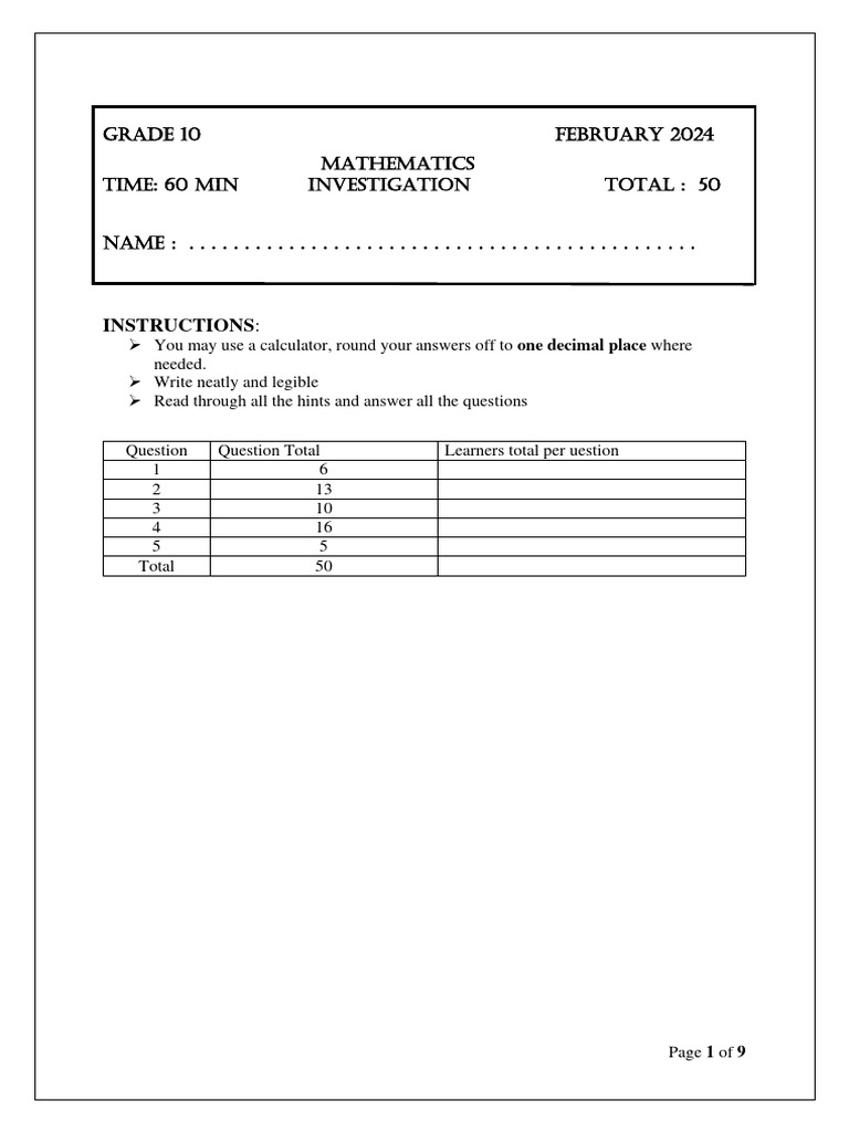 Grade 10 Trigonometry Investigation 2024 | PDF | Triangle | Geometry