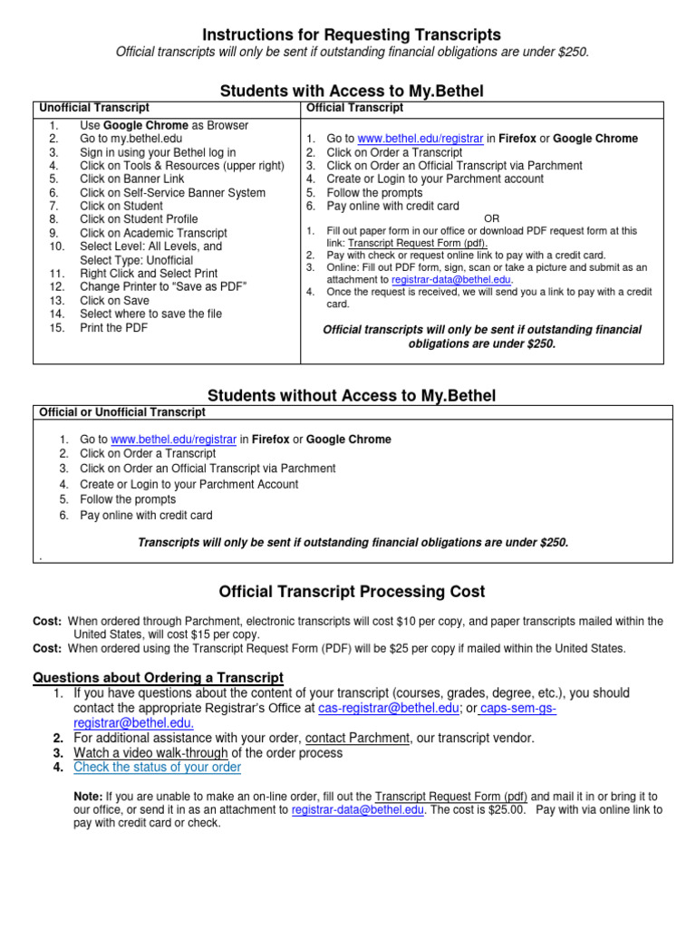 Bethel University Transcript Request Guide | PDF | Credit Card | Computing