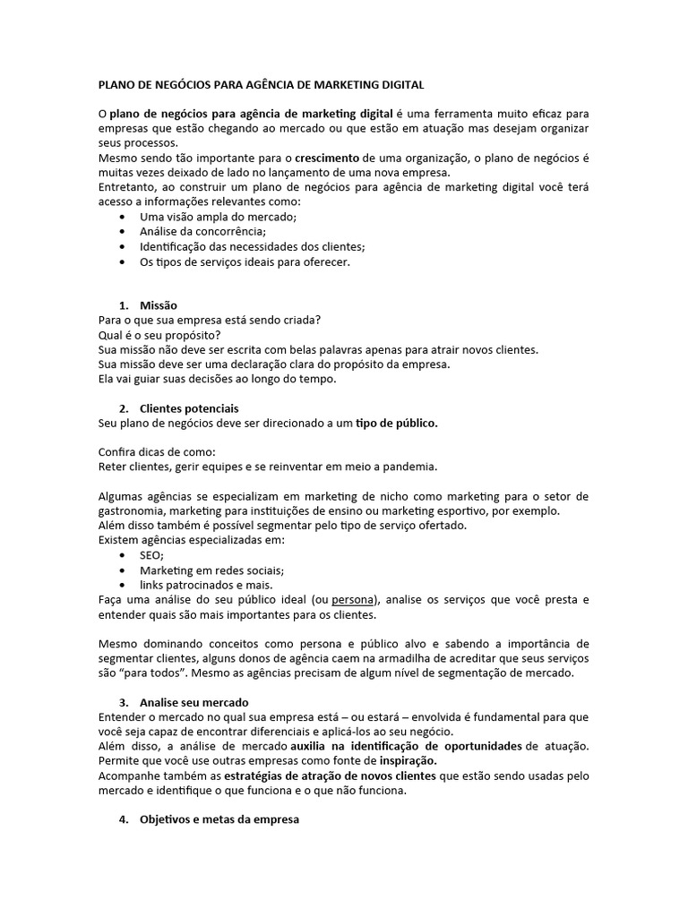 Plano de Negócios para Marketing Digital | PDF | Marketing ...
