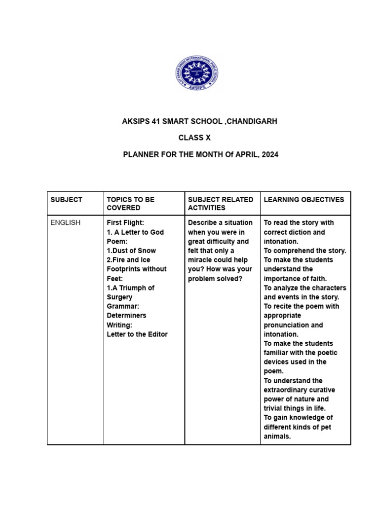 April 2024 Class X Planner - AKSIPS 41 | PDF | Equations | Polynomial