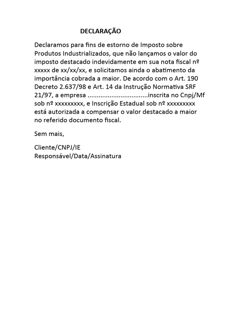 Carta de n o aproveitamento de ipi pdf