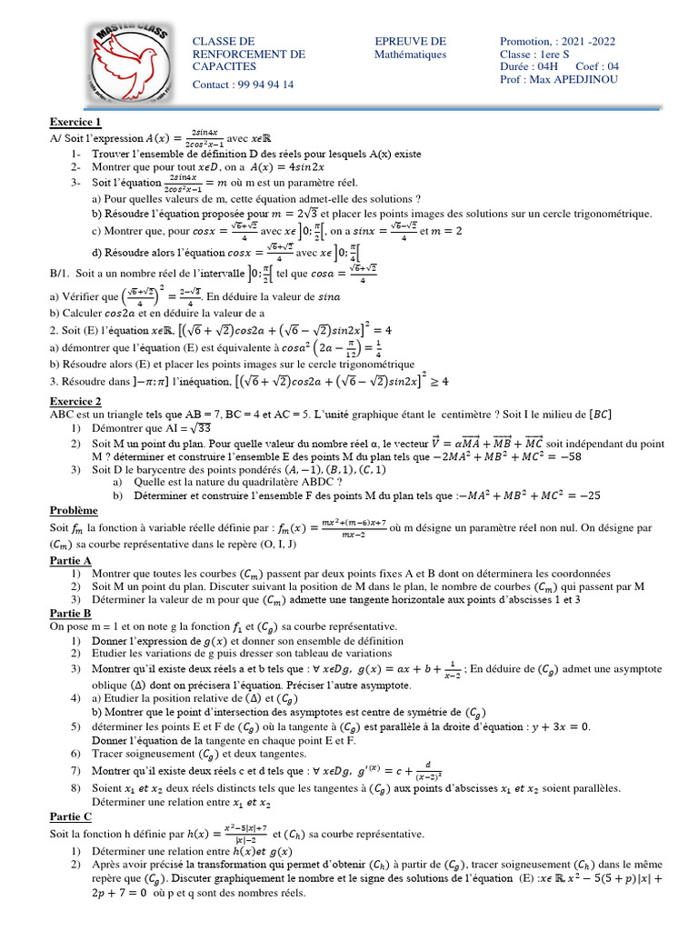 Exercice de mathématiques 1ère S | PDF | Asymptote | Tangente (géométrie)