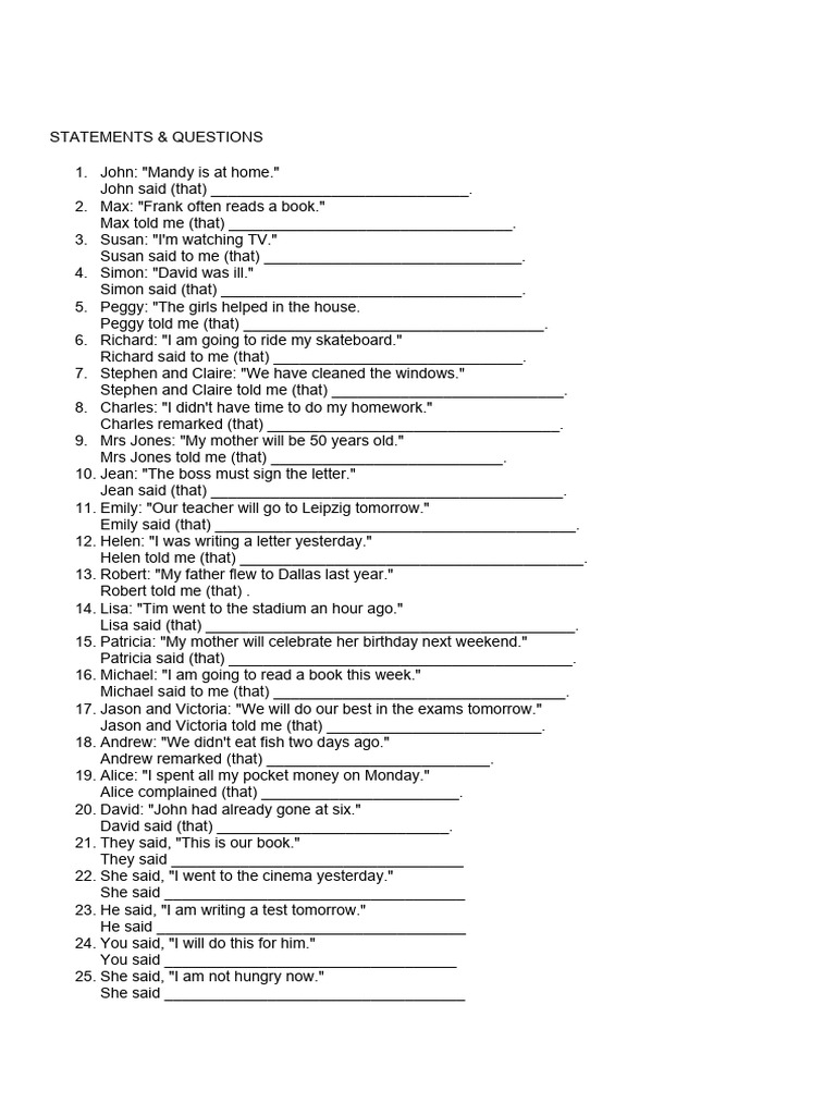 Reported Speech Statements Questions Exercise | PDF