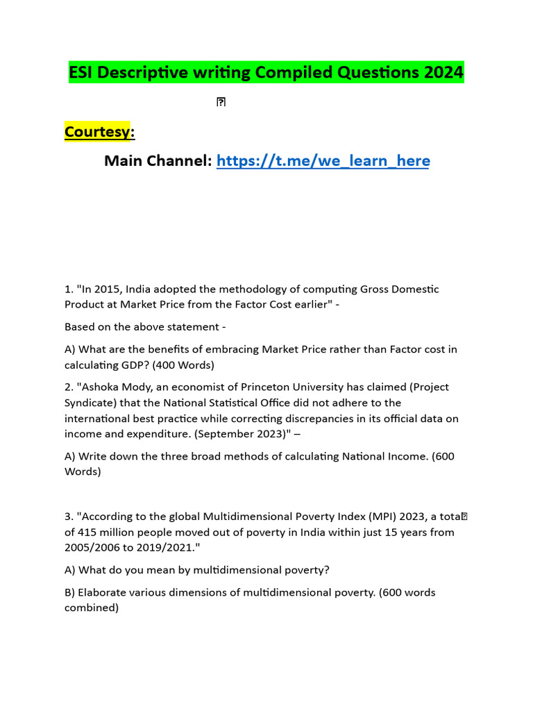 ESI 2024 Descriptive Writing Questions | PDF | Poverty | Poverty ...