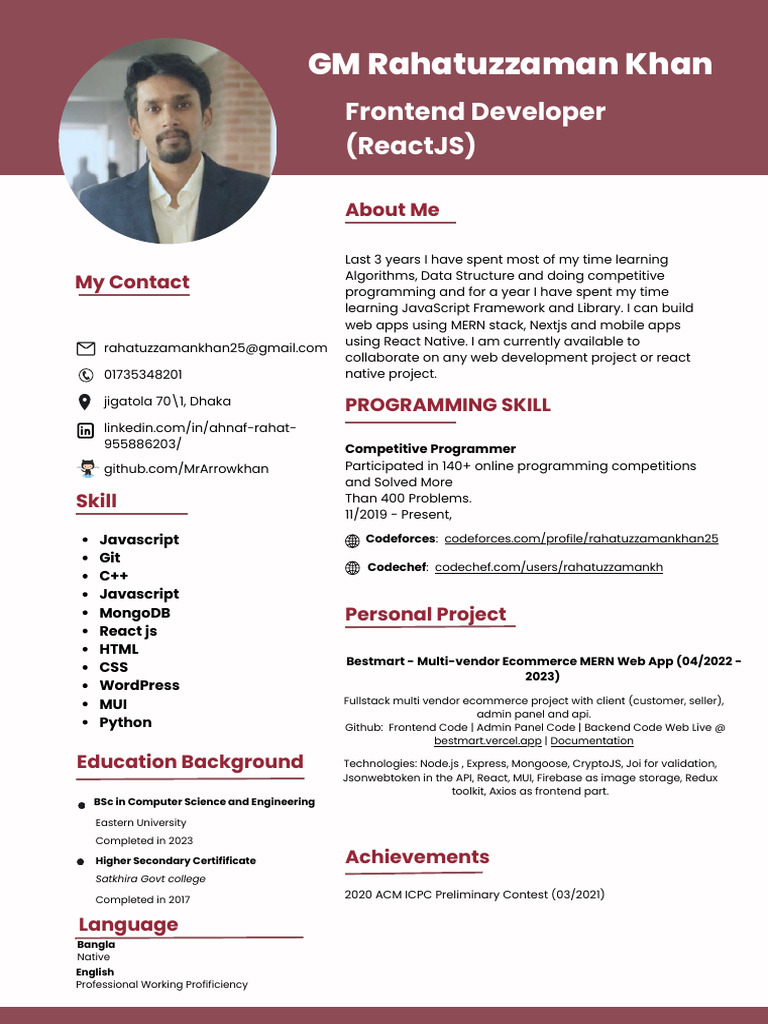 Rahatuzzaman Khan: Frontend Developer | PDF | Java Script | Software ...