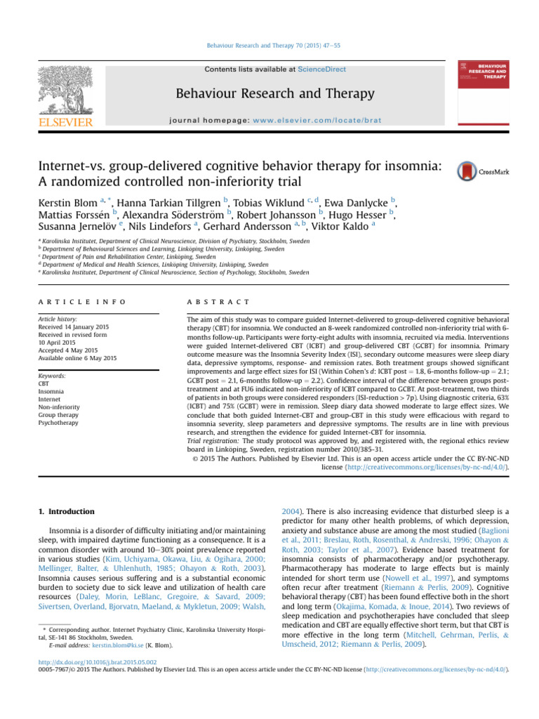 Internet vs. Group CBT for Insomnia | PDF | Cognitive Behavioral ...