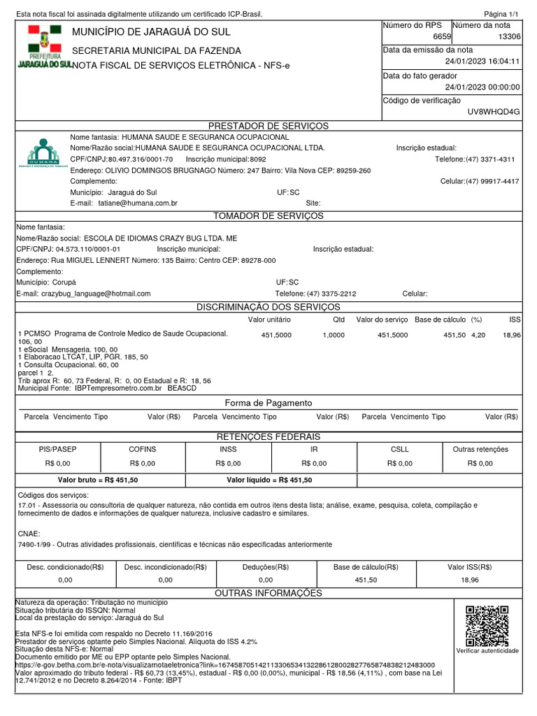 Município de Jaraguá Do Sul Nota Fiscal de Serviços Eletrônica NfsE