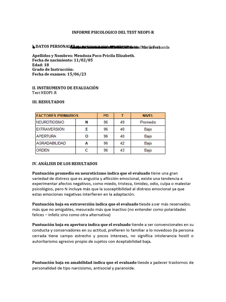 Modelo - Informe Psicologico Del Test. | PDF | Timidez | Las emociones
