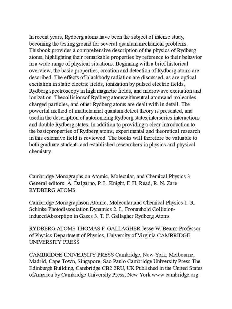 Thomas F. Gallagher - Rydberg Atoms (Cambridge Monographs On