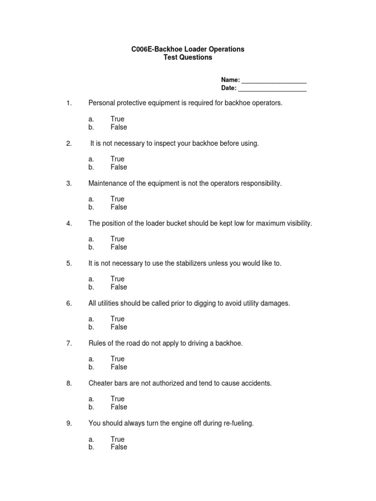 Backhoe Loader Safety Test Questions | PDF