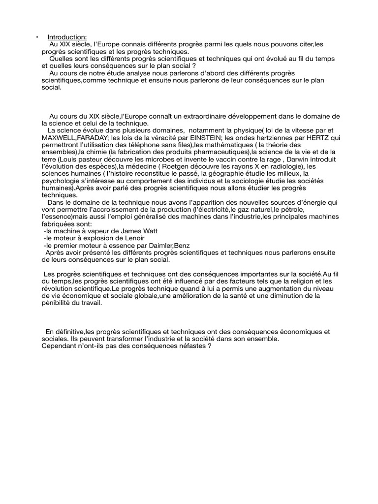 Progrès scientifiques et techniques au XIXe siècle | PDF | Changement ...